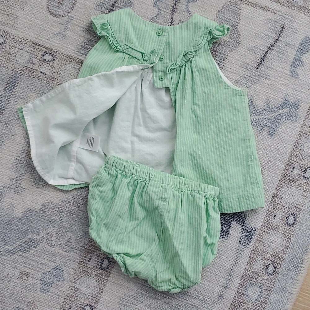Janie and Jack Baby Girls Green White Pinstriped Lined 2-piece Outfit Sz18-24m